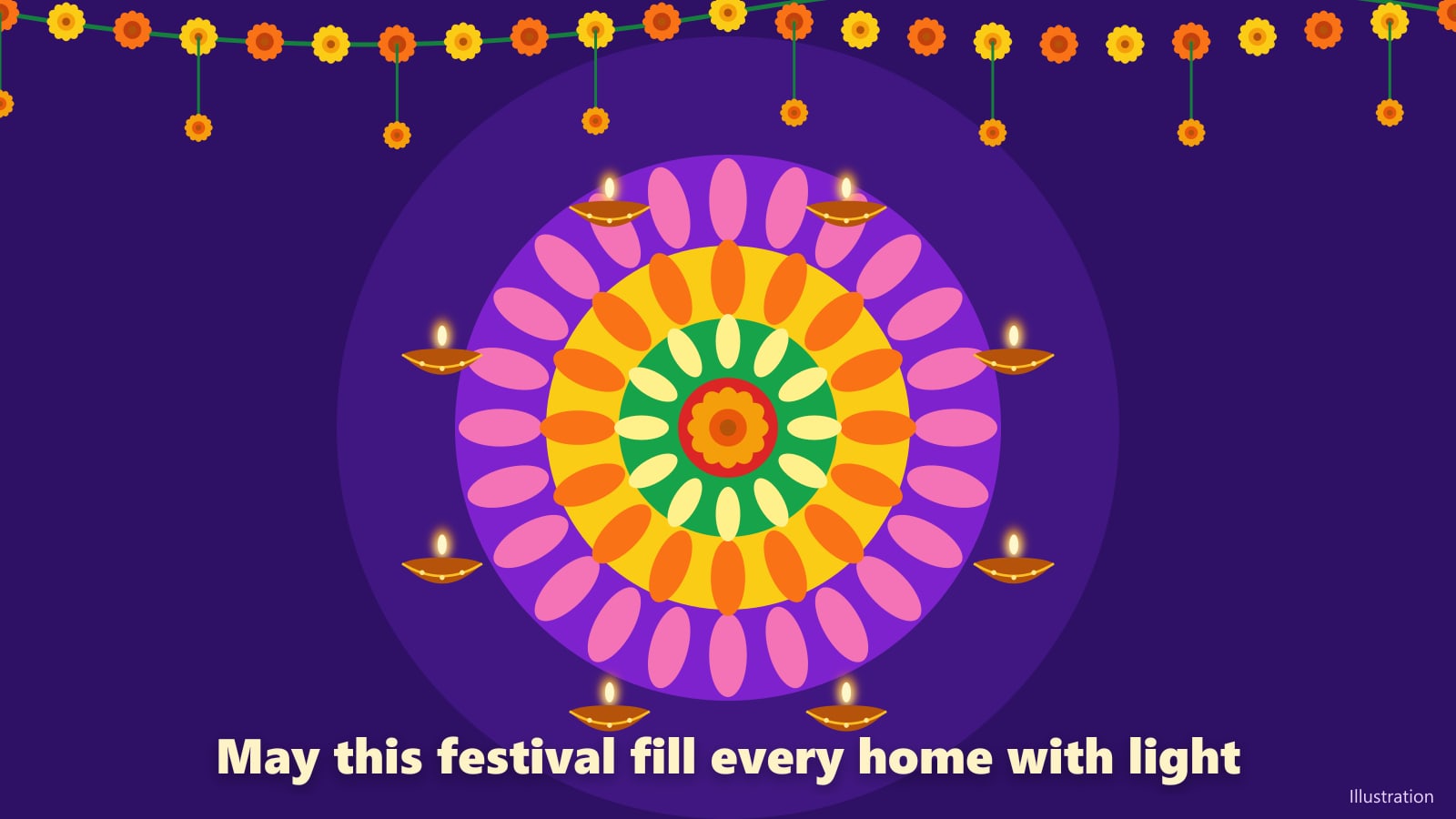 Illustration: a colourful rangoli surrounded by lit diyas under a marigold garland