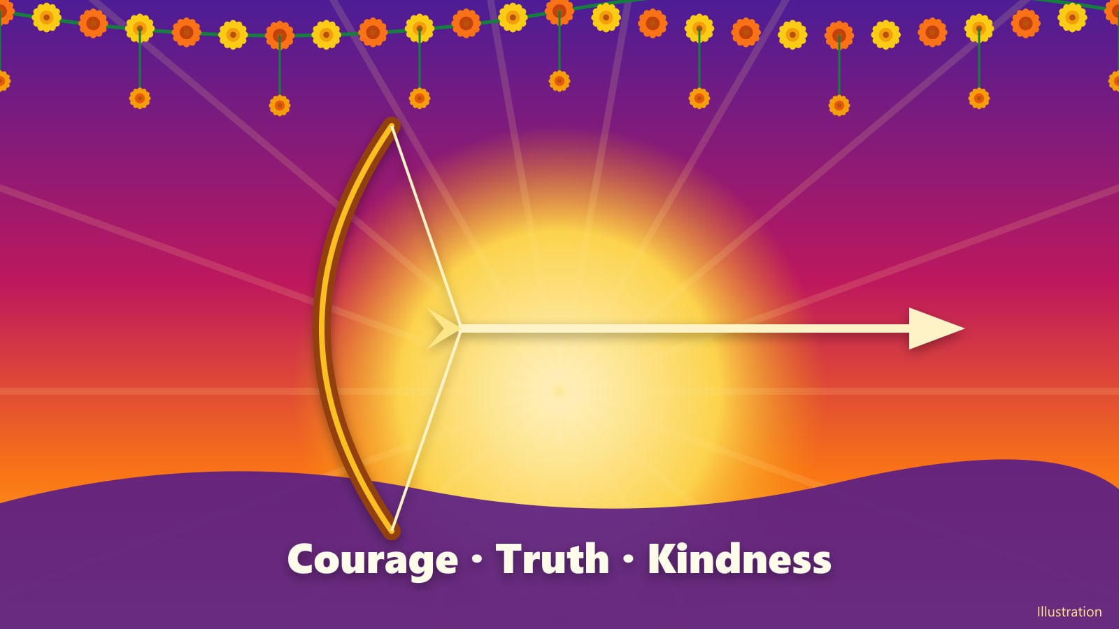Illustration: a bow and arrow against the rising sun, with the words courage, truth, kindness
